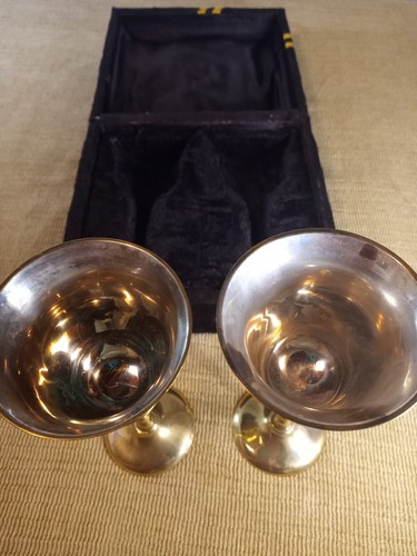 2 Silver Plate Brass Goblets with Purple Velvet Case Medieval Wedding, Ren Faire - Picture 7 of 10