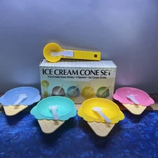 VINTAGE 1986 ITEMAKERS PASTEL ICE CREAM CONE DISHES / BOWL SET PLASTIC W/ SPOONS