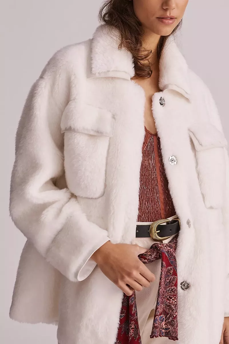 NWT Anthropologie Maeve Cinched Soft & Elegant Faux Fur Coat Ivory size L
