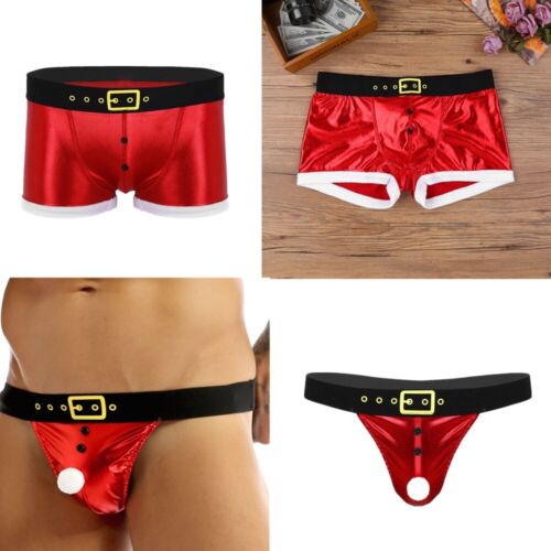 AU Mens Christmas Costume Shiny Metallic Underwear Santa Boxer Shorts Thongs - Picture 8 of 31