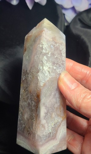 LARGE 4.8" 265g Druzy Quartz Geode Cherry Blossom Obelisk Tower Crystal Point - Picture 22 of 23