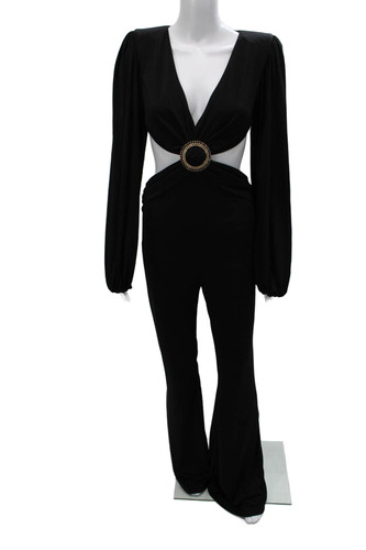 Nadine Merabi Women Jumpsuit Black V-Neck Long Sleeve Polyester Size 4