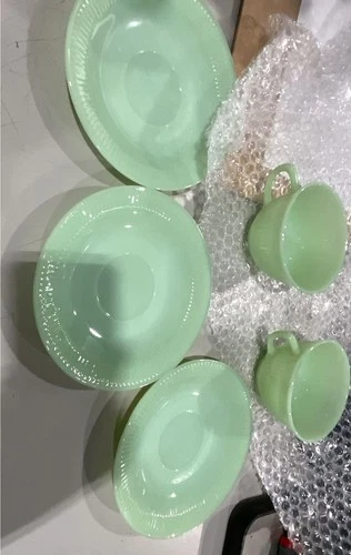 1950s Anchor Hocking Fire King Ribbed Jane Ray Jadeite 2 tea coffee cups Marked