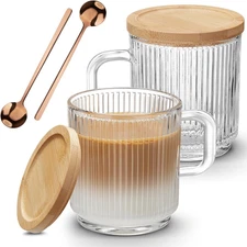 2 PACK Glass Coffee Mugs with Handle & Spoon, 12 OZ Glass Coffee Cups with Bambo