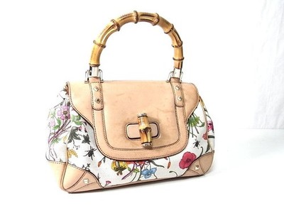 GUCCI Bamboo Flora Top Handle Bag Camel Canvas Leather Auth