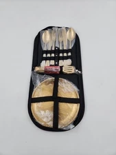 Picnic set for 2 Gold Stainless Steel Cutlery Portable Camping Carrying Case