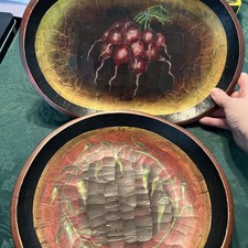 Lot Of 2 VTG Hand Carved Painted Signed Wood Bowls Oval Round See Pics READ