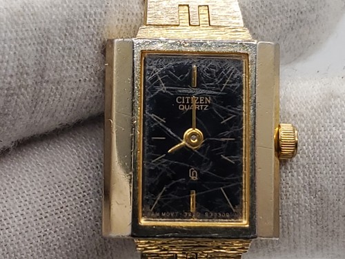 Vintage Citizen CQ Rechteck Damenuhr neue Batterie goldfarben schwarzes Zifferblatt 17mm - Bild 6 von 14
