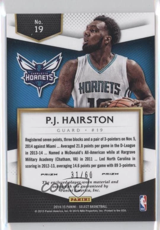 2014-15 Panini Select Rookie Jersey Orange Prizm /60 PJ Hairston #19 Auto RC - Image 2 of 2