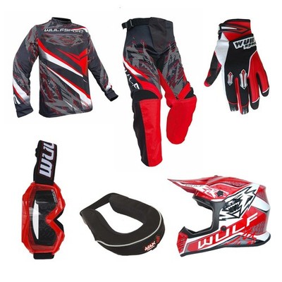 Kids MX Wulfsport WARHAMMER Shirt Pant Helmet Glove Goggle Neck Brace Red Set 11