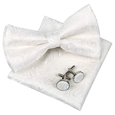  Mens Paisley Bow Tie, Hanky and Cufflinks Creamy White