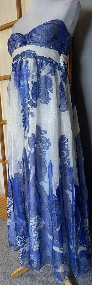 Silk Blend Pleated Midi Dress Sz 12 Strapless High Waist Blue Wedding Boho Beach - Изображение 2 из 4