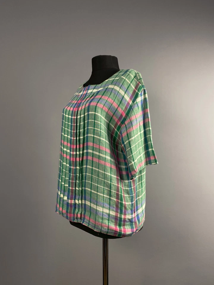 Винтажный 80-х VALENTINO бутик зеленый розовый чек льняной блузка верхняя рубашка размер 8 - Изображение 3 из 4