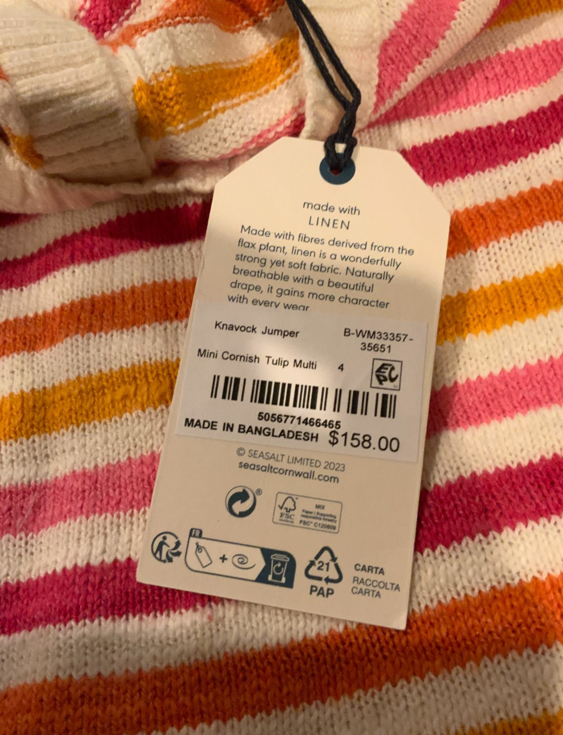 Seasalt Cornwall Knavock Jumper Stripe Sweater, Style# WM33357, Size 4, Tulip image 10