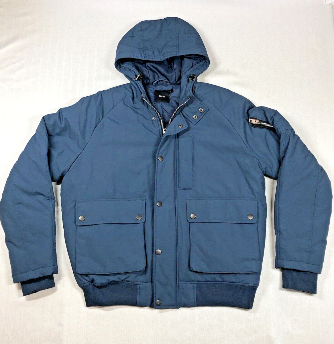 ASOS Men’s Blue Puffy Winter Coat Jacket Large Bomber Hood Thick Warm  Quilted