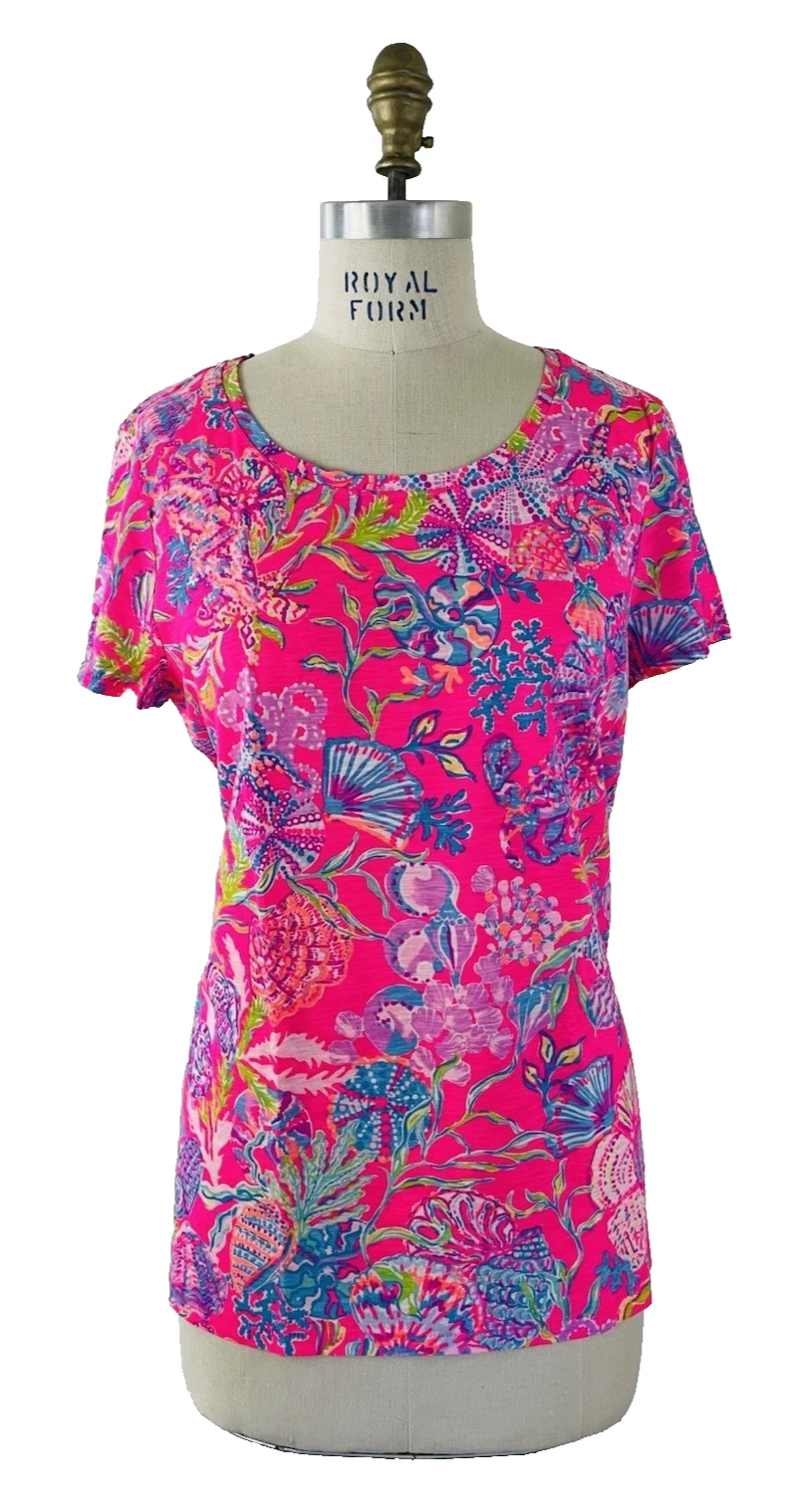 Lilly Pulitzer Etta Scoop Neck Top Pink Isle Shell Me Something Good Sz M