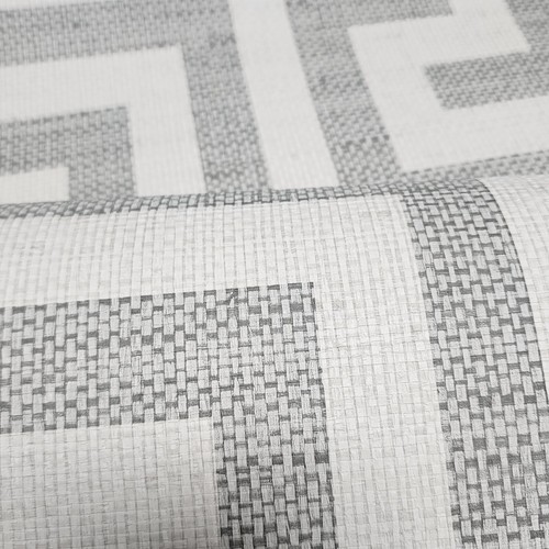 Gray off white faux weave Woven Raffia fabric Greek key Luna retreat wallpaper - Picture 14 of 14