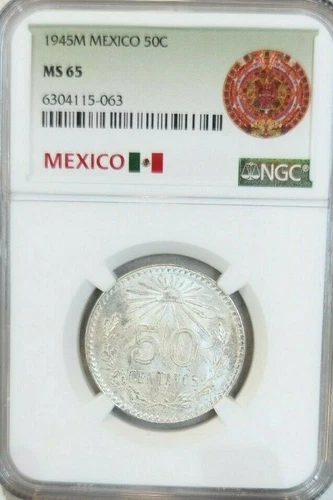 1945 MEXICO SILVER 50 CENTAVOS 50C NGC MS 65 PQ BRIGHT BEAUTIFUL GEM BU