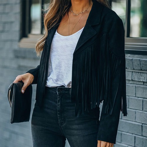 Faux Suede Jacket Women Motorcycle Lapel Jacket Lady Solid Fringed Short Coat - Picture 5 of 15