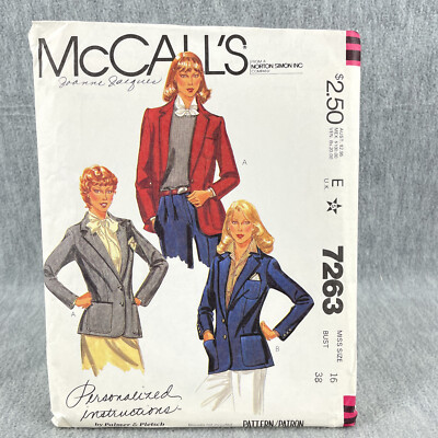 McCalls 7263 Button Front Fitted Jacket Blazer Misses Size 16 Sewing Pattern