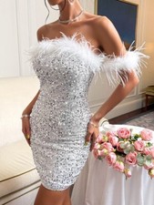 SHEIN BAE Off Shoulder Fuzzy Trim Sequin Zip Back Bodycon Dress - Small (4)