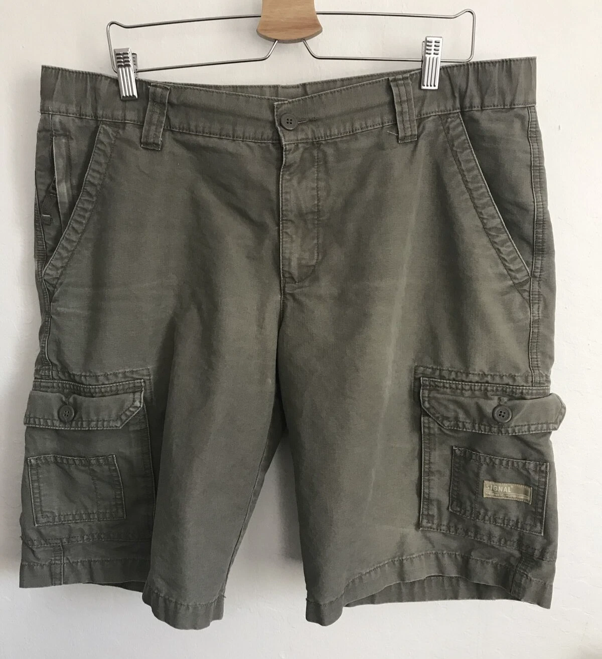 Signal Mens Cargo Shorts Khaki Green XL Cotton Walk Relax Zipper Pockets Comfort