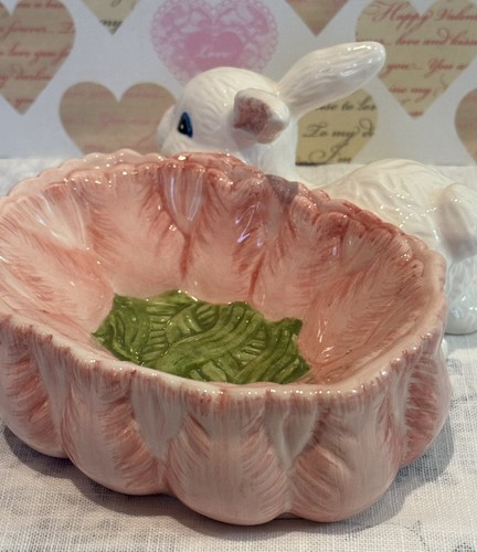 Pink Ceramic Bunny Rabbit Easter Candy Trinket Figure Dish Cottage Farmhouse - Picture 14 of 18