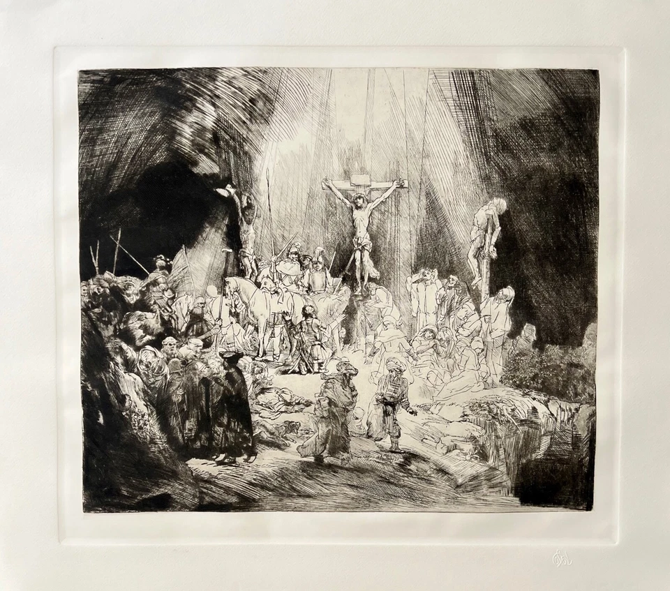 Arte grabado Rembrandt CRISTO CRUCIFICADO ENTRE DOS LADRONES Amand Durand 22" x 24 Foto 2 de 4