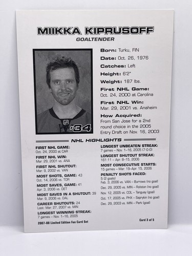 Rare MIIKKA KIPRUSOFF #34 2007-08 Limited Edition Fan Card #3 of 5 Calgary π₯ - Picture 2 of 6