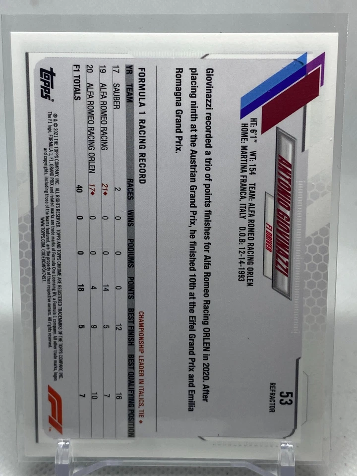 2021 Topps Chrome Formula 1 F1 Racers Refractor Antonio Giovinazzi #53 - Image 2 of 2