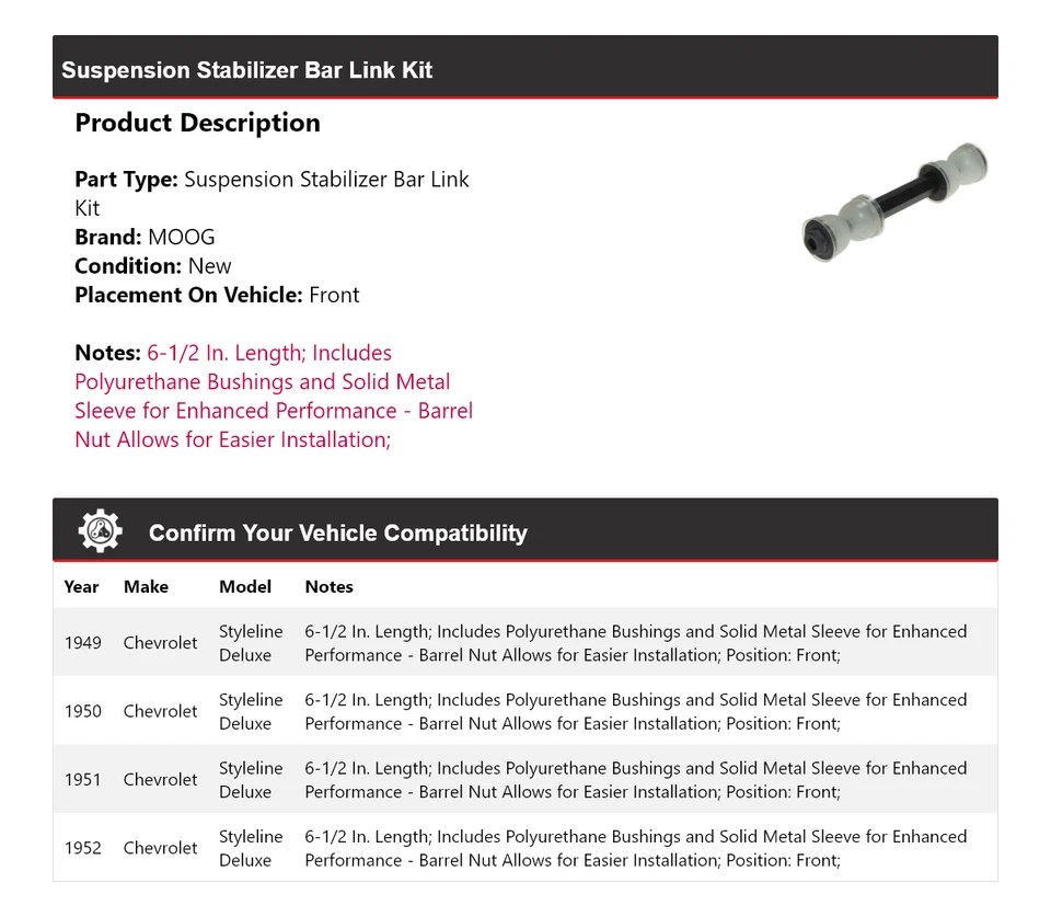 Kit de eslabones de barra estabilizadora de suspensión MOOG para Chevrolet Stileline Deluxe 1949-1952 Foto 2 de 4