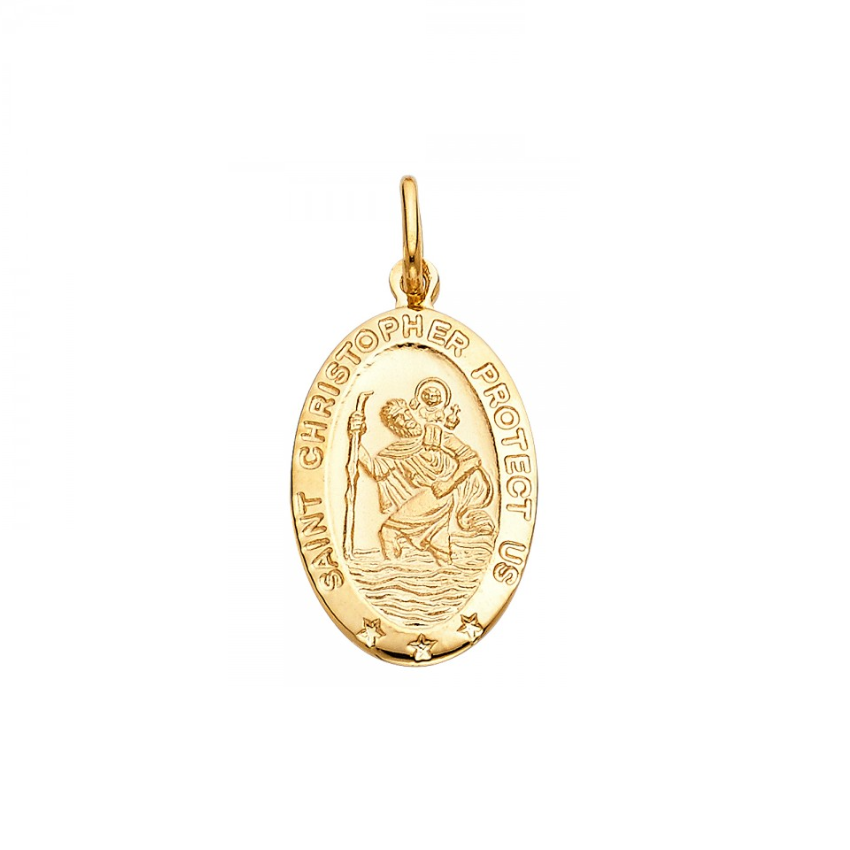 14K Solid Yellow Gold Saint Christopher Oval Medal Pendant - St ...