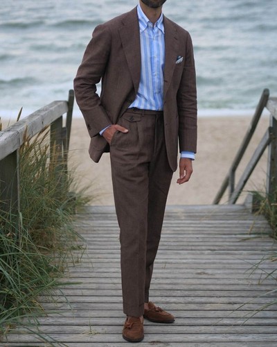 Herrenanzug Tweed-Stoff Braune Jacke Blazer Smoking Sakko Freizeit Custom - Picture 5 of 8