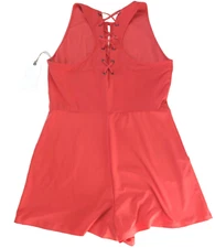 Leith Sleeveless Coral Keyhole Front Lace-Up Racerback Rompers Size M