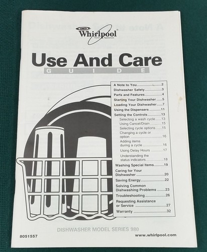Lavadora de platos de carga frontal Whirlpool serie 980 8051557 guía manual del usuario propietario - Imagen 2 de 6