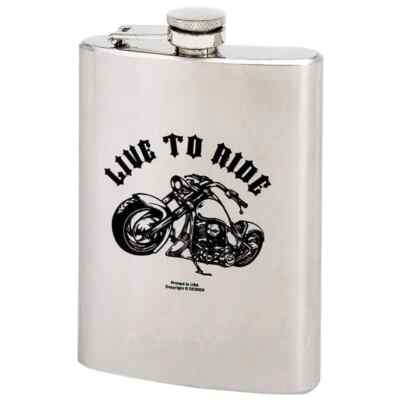 Motorcycle Theme Hip Flask 8 Ounce Stainless Steel Live to Ride