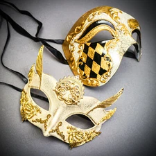 Venetian Phantom Half Face Gold Scroll Motifs Warrior Eye Men Women Couple Mask