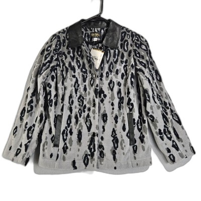 New Bob Makie M Fleece Jacket Grey and Black Animal Print Button Front