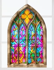 Pretty Church Glass Faux Stained-Glass WINDOW CLING Size 10.6" Arch Shaped Vinyl