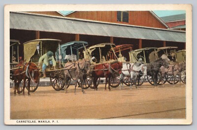 Postcard Philippines Manila Carretelas Horse Mule Drawn Carts Transportation J2