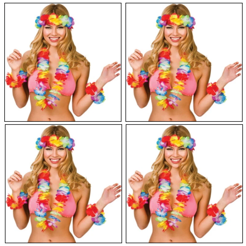 10 juegos de collar hawaiano 4 piezas flor Lei Hula guirnalda, diadema y pulseras HW31 Foto 3 de 3