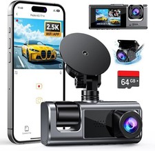 3 Channel WiFi Dash Cam Front and Rear Inside with 64GB SD Card, 2.5K 1080P