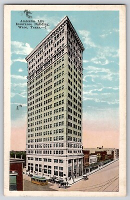Amicable Building ALICO Waco TX Texas WB Vintage Postcard Old Cars Trolley 1929