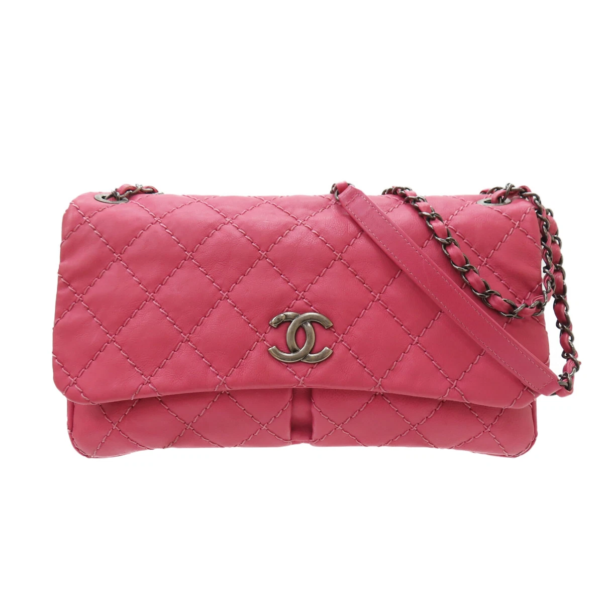 Authentic Chanel Pink Calfskin Leather Zipped Back Pocket Calfskin Flap Bag