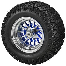 (4) Golf Cart 20x10-10 Black Trail A/T Tire on 10x7 Machined/Blue 14-Spoke Wheel