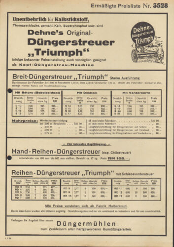 HALBERSTADT, liste de prix, 1936 épandeur d'engrais original Dehne's "Triumph" - Photo 1/1