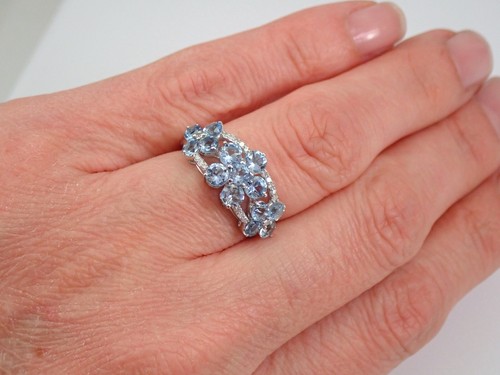 Anillo de boda con flores de diamantes y aguamarina alianza de aniversario oro blanco talla 6 - Imagen 7 de 7