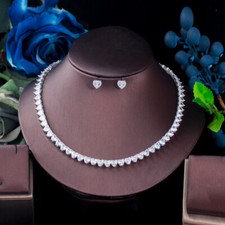 Sparkling Silver Plated Cubic Zirconia Women Heart Earrings Necklace Jewelry Set