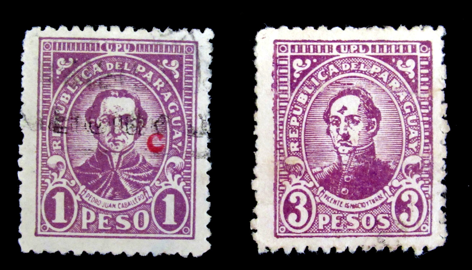 Paraguay 2 Stamps Sc L22 296 Caballero 1 Peso and 3 Pesos Iturbe 1935 Used NG