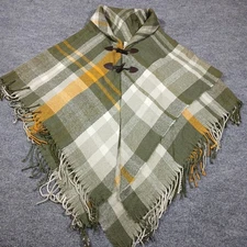 Soft Plaid Poncho Womens One Size Green Yellow Plaid Open Front Scarf Shawl Cape